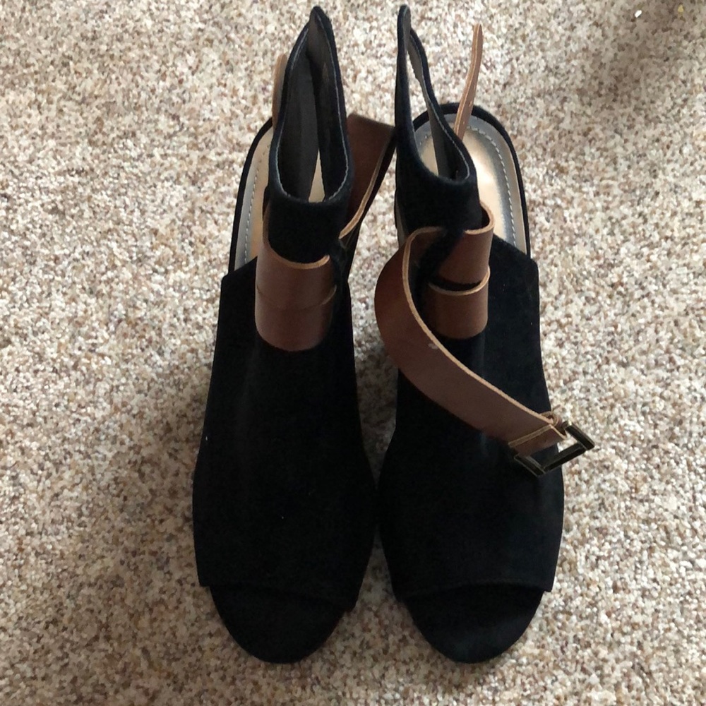 Black with brown straps peep toe booties
